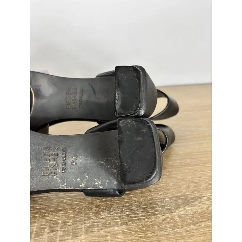 Eileen Fisher Vera Cuoio Leather Block Heel Sandals Pewter Black Womens 7.5